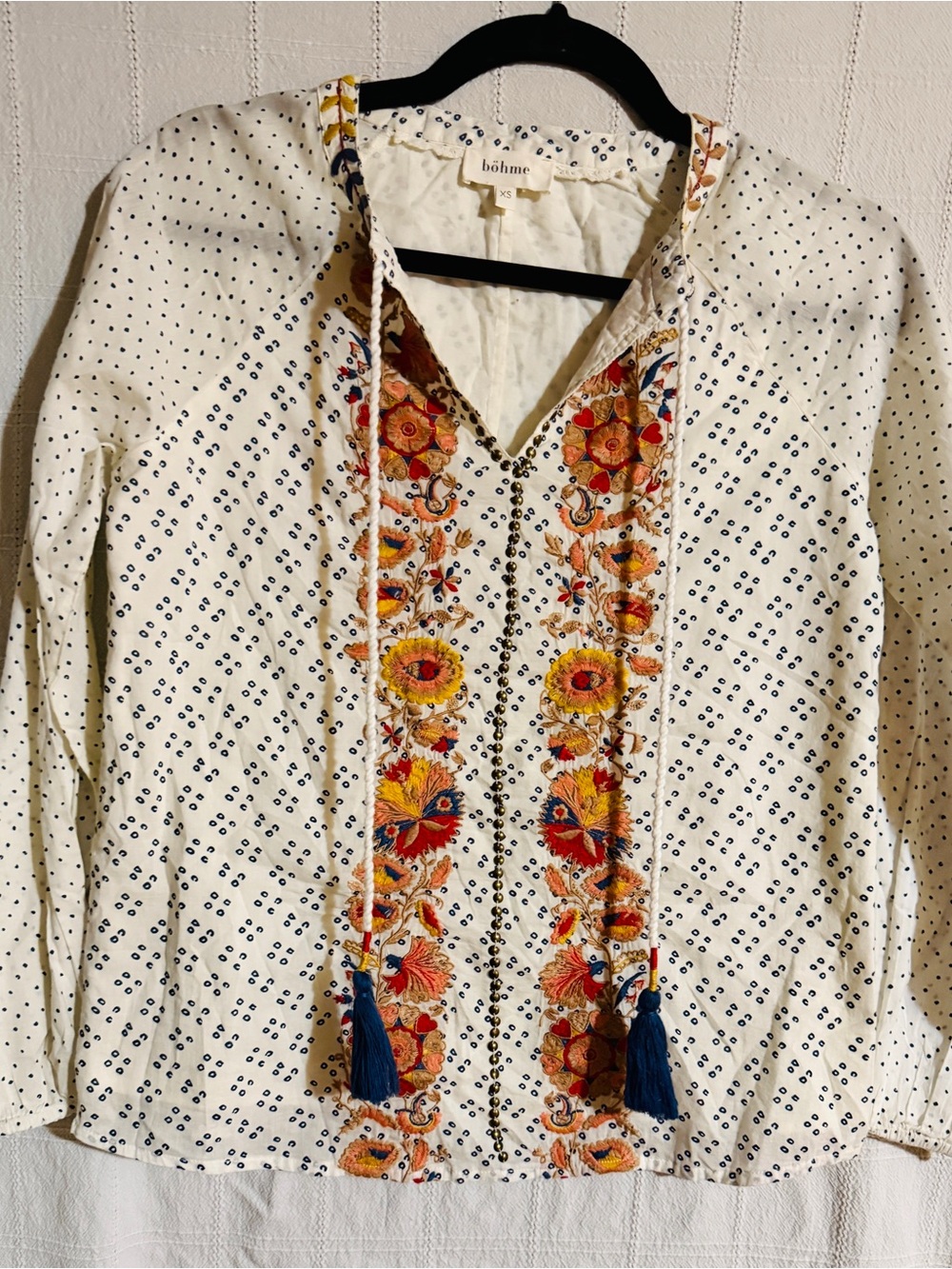 bohme Cream Embroidered Peasant Tunic with Navy Tassels
